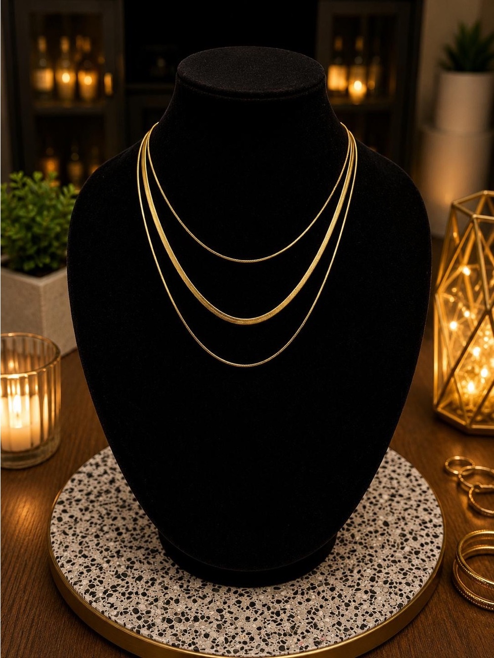 Gold Triple-Layer Herringbone Necklace - Elegant Women's Jewelry